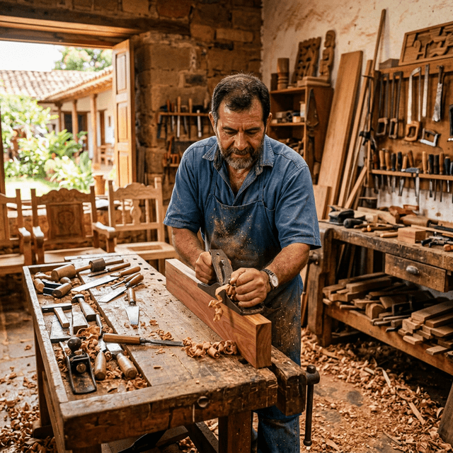 José Ortiz, maestro ebanista de Carpintería JJ en su taller de Medellín